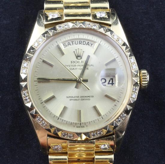 A gentlemans 1960s 18ct gold and after market diamond set Rolex Oyster Perpetual Day Date wrist watch, with box.